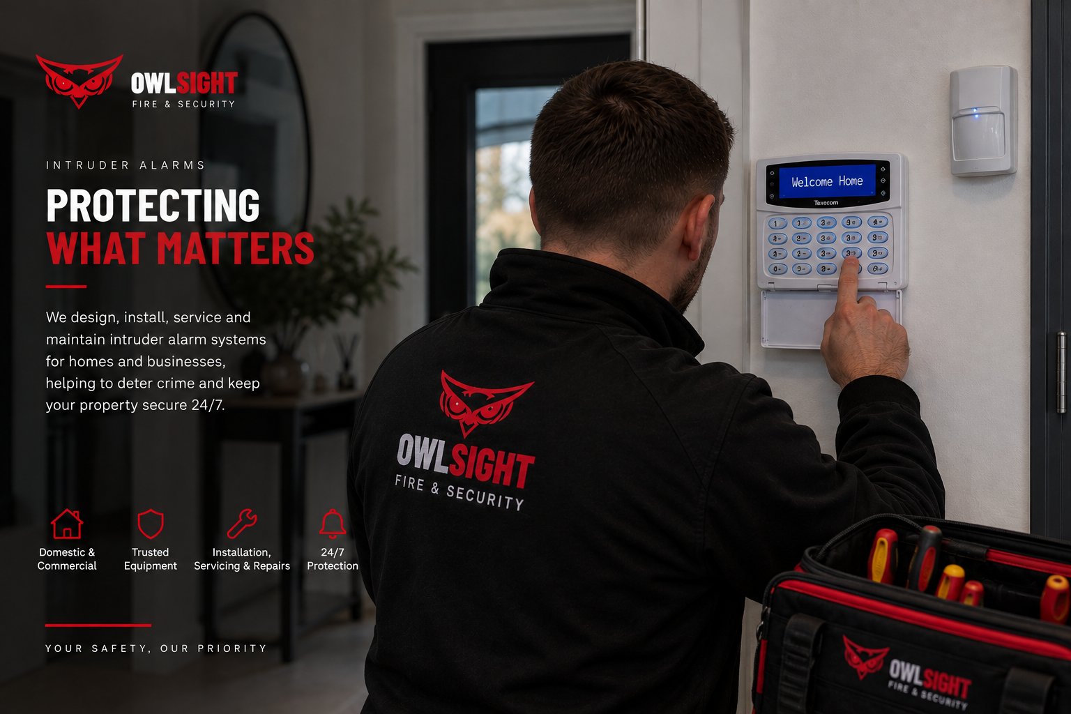Owlsight engineer setting an intruder alarm keypad in a hallway